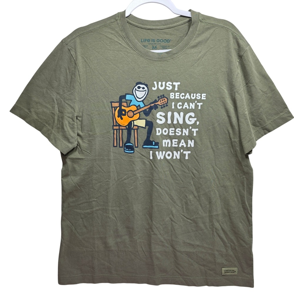 Life is Good Crusher Lite Tshirt Mens M Guitar Music Graphic Olive Green Camping